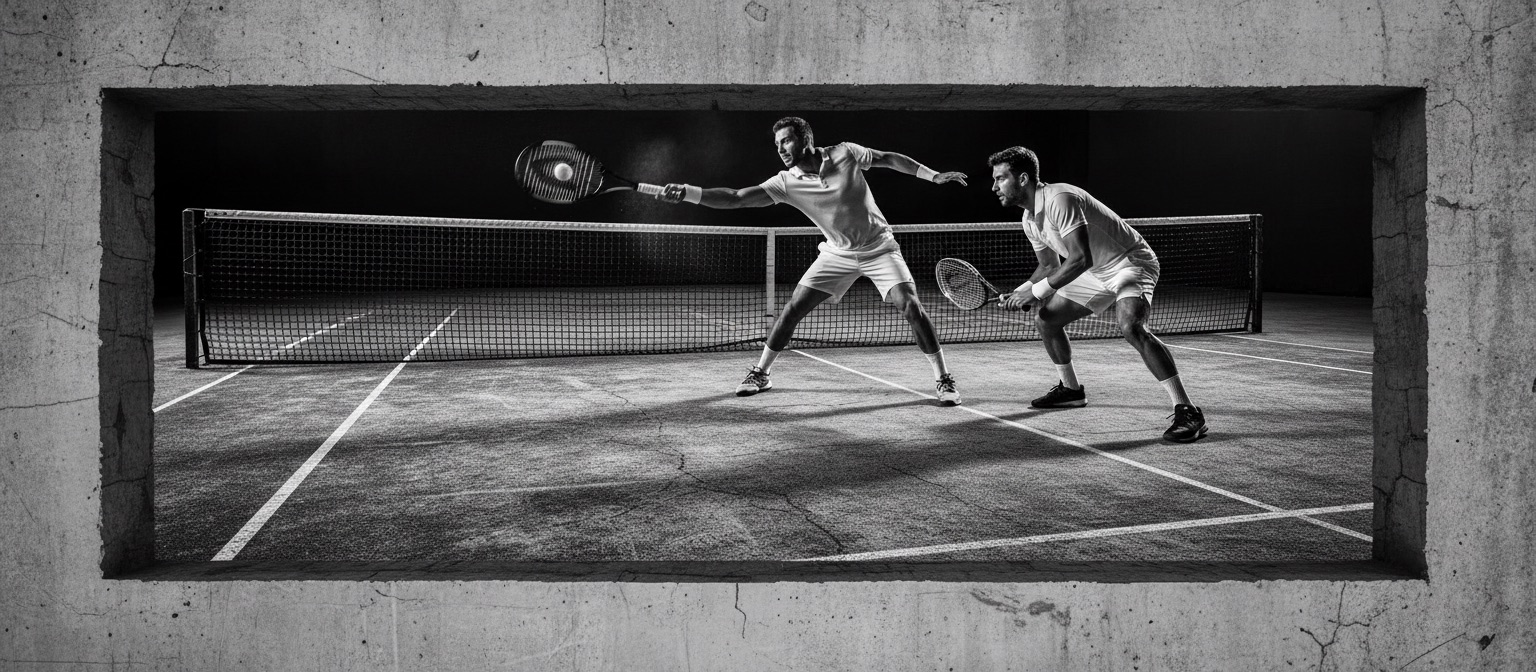 Tennis players rallying at the net